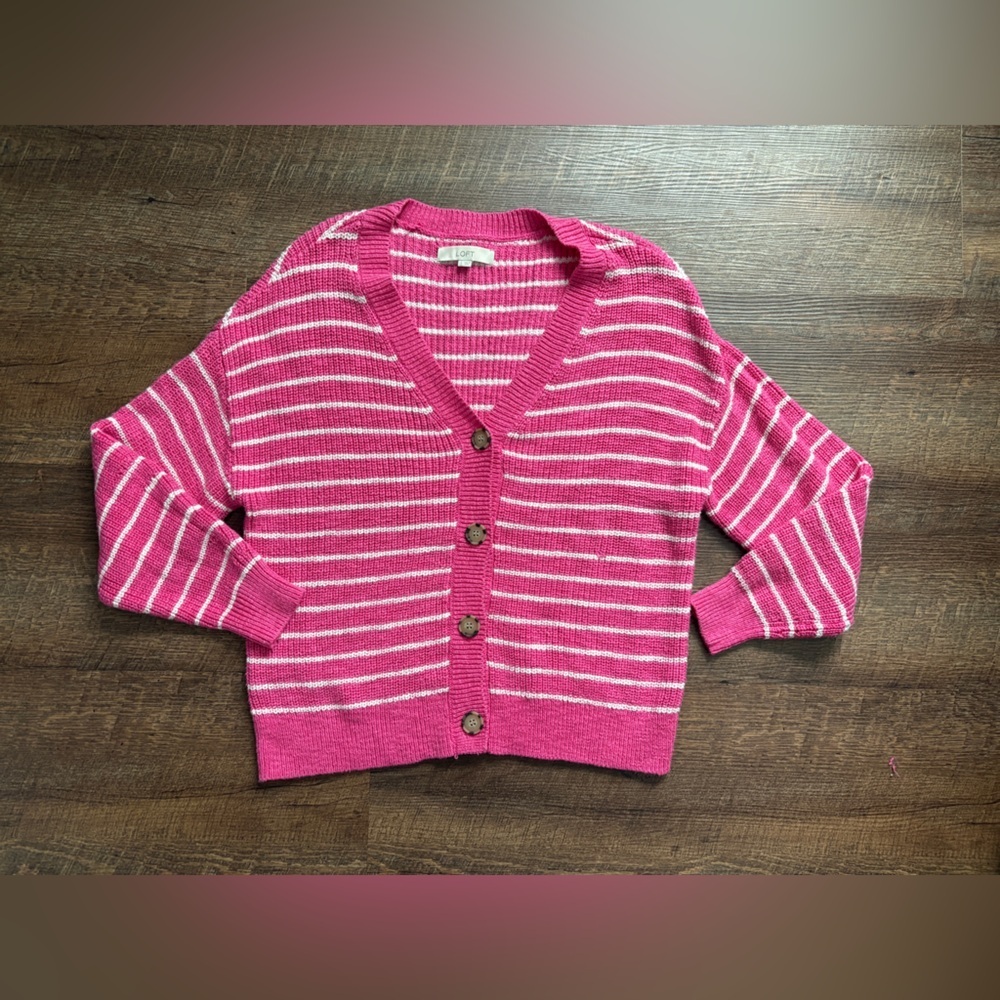 LOFT Striped Relaxed V-Neck Cardigan sweater pink & white preppy casual sz L - Picture 6 of 16